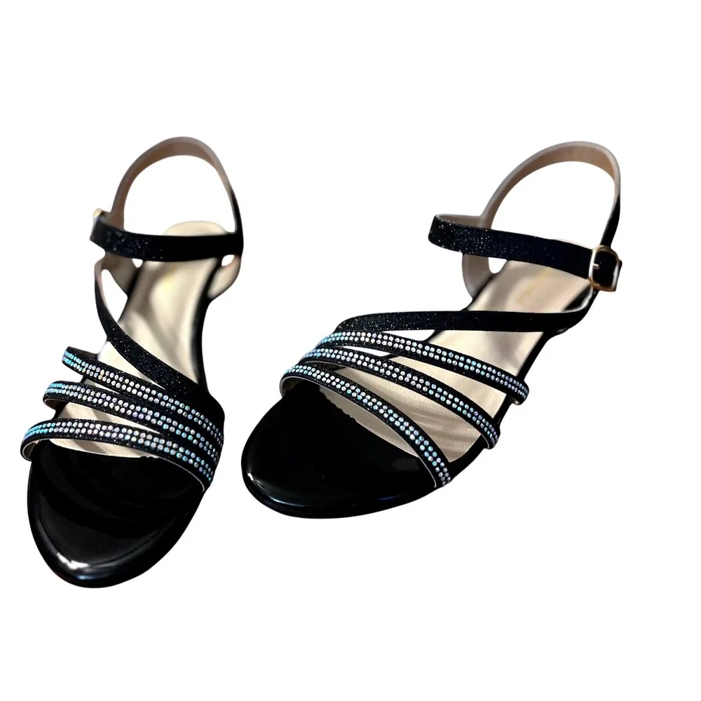 Pandaninija Girls Black Glitter Rhinestone Low Heel Sandals Size‎ 6 NWB
